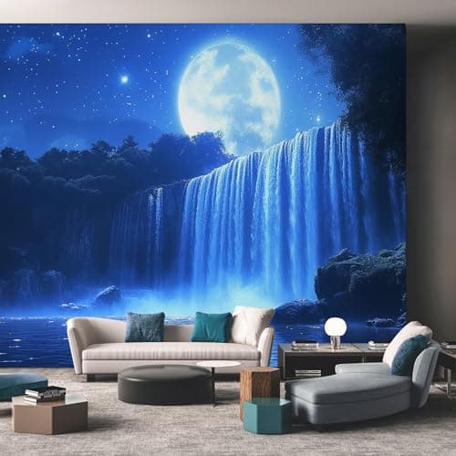 Image of Waterfall Wallpaper - Moon Fantasy Landscape Blue Wall Mural - Wall Murals for Living Room Bedroom - Photo Wallpaper & Home Decor Art - 450 x 315 cm F385