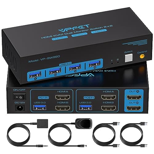 Image of KVM Switch 2 Monitors 2 Computers HDMI 4K@60Hz USB 3.0 KVM Switches 2 port for 2 PC or Laptop share dual monitor and 1 set of keyboard mouse Printer and U Disk. Wired Controller and DC 12V Adapter