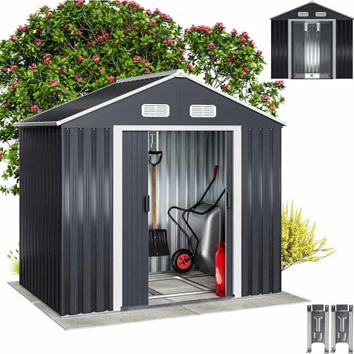 Image of GARDEBRUK® 6x4ft Metal Garden Shed with Foundation, Outdoor Storage for Garden Furniture, Apex Roof, Bike Storage with Sliding Door, Galvanised Steel Shed for Lawnmower, 200x135x190cm, Anthracite Grey