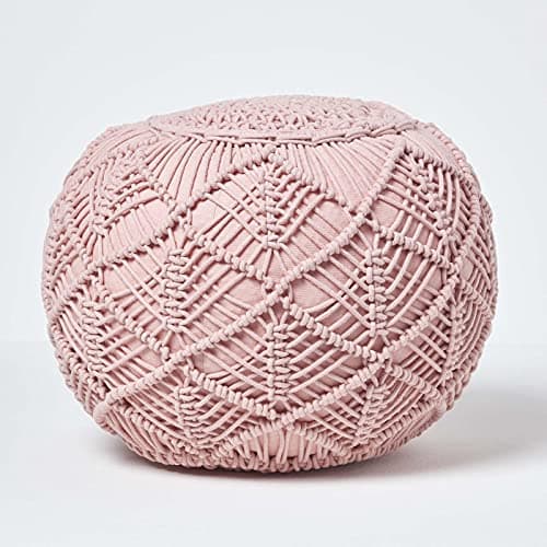 Image of HOMESCAPES 35 cm Tall Blush Pink Macrame Knitted Pouffe Been Filled Crochet Round Footstool 100% Cotton Braided Design 35 x 40 cm
