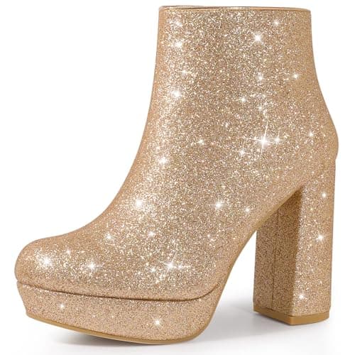 Image of Perphy Platform Glitter Round Toe Chunky Heels Ankle Boots for Women Rose Gold 4 UK/Label Size 6 US