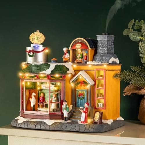 Image of Garden Mile Musical Christmas Village Scene Battery Operated Light Up Christmas Decoration with Moving Parts Xmas Ornaments For Home Table Centrepiece Mantlepiece Bakery Diffuser