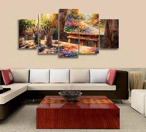 Image of 5 Piece Canvas Wall Art Five Panel Colorful Artist Painting Studio Scene Canvas Prints Framed Paint Brushes Palette Interior Decor for Living Room Bedroom Home Office Creative Art Theme Design
