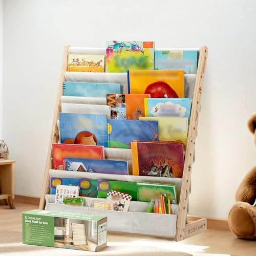 Image of COSYLAND Wooden Kids' Bookshelf - Children's Bookcase Display Rack, 6 Layers - Fabric Toddler Bookshelf, Suitable for Kids' Room and Nursery (24.8 Inches, Pine Yellow)