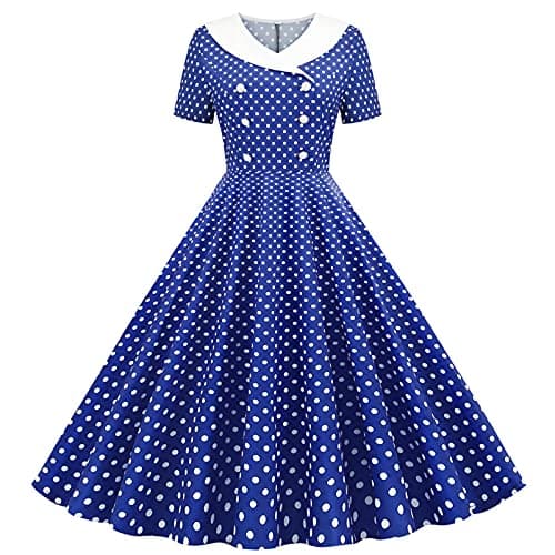 Image of AMhomely Polka Dot Dresses for Women UK Vintage Floral Swing Skater Party Evening Dress 1950s Audrey Hepburn Retro Dresses Rockabilly Floral Pattern Print Swing Cocktail Evening Gown, A-dark Blue, L