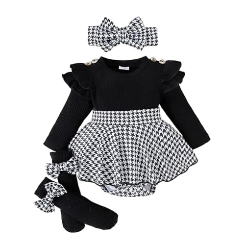 Image of Siyova Baby Girl Spring Fall Outfits Long Sleeve Houndstooth Print Romper Dress with Headband and Long Socks Set 3Pcs Newborn Girls Romper Set (Black, 12-18 Months)