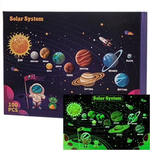 Image of Glow in The Dark Puzzles,100 Piece Planet Puzzle for Kids - Jigsaw Puzzles Toys for Boys & Girls Ages 6-8 Birthday Gifts packaging states 3+