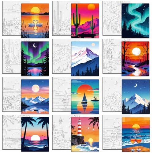 Image of MAYJOYDIY 12 Pcs Natural Scenery Pre Drawn Canvas to Painting Sunset Aurora Pre Printed Canvas for Adults 25×20cm Starry Sky DIY Paint Art Supplies for Beginners, Students, Party Gifts