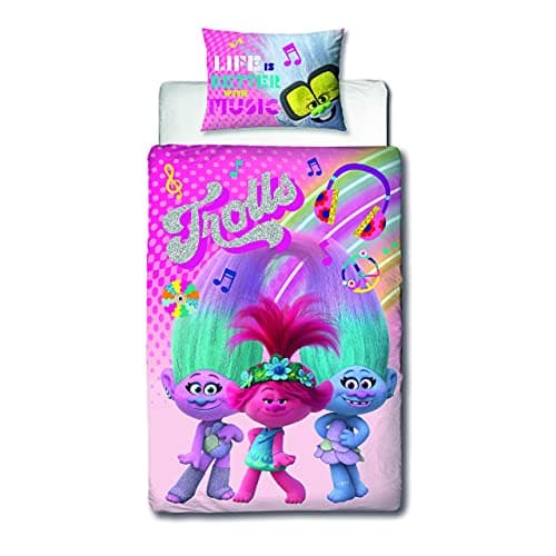 Image of Trolls World Tour Single Duvet Cover | Rainbow Designed Duvet | Officially Licensed Pink & Purple Polycotton Reversible Two Sided Design