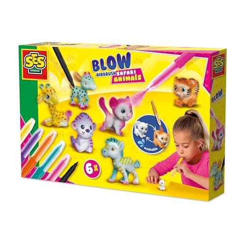 Image of SES Creative 14335 Blow Airbrush Pens - Safari Animals 6X - Creative Craft Kit for Kids Aged 5+ - Decorate 6 Safari Animal Figures