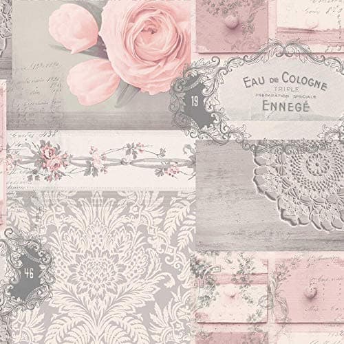Image of Decoupage Patchwork Floral Wallpaper Flowers Pink Grey Silver Metallic YöL