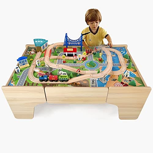 Image of Hooga Wooden Kids Activity Table, 80 Piece Train Playset Including Wooden Track and Bridges, 3-in-1 Multi Usage Kids Playtable With Storage Drawer (80 PCS, 92 x 60 x 40 cm)