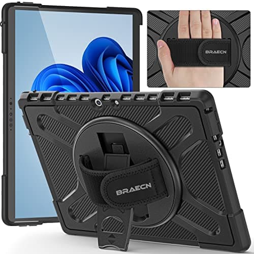 Image of BRAECN Case for Microsoft Surface Pro 8 13 inch 2021, Heavy Duty Rugged Protective Cover with 360° Rotating Kickstand & Hand Strap, Black