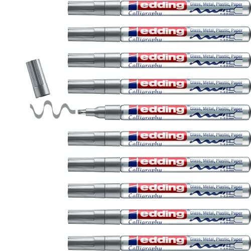 Image of edding 753 gloss paint marker calligraphy - silver - box of 10 - calligraphy nib 1-2.5 mm - for glass, stone, plastic, paper - waterproof, highly opaque - bullet journals, hand lettering