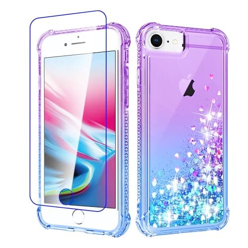 Image of Pilaru for iPhone SE 2022/2020(3rd/2nd) & 6/6S/7/8 Case Clear Liquid Heart Lovely Glitter Soft TPU Cover Transparent Girly Protective Phone Case for iPhone 6/6S/7/8,Purple/Teal