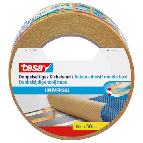 Image of tesa Double-Sided Tape Universal - Versatile, Adhesive Tape for Carpet Fixation, Handicrafts and Home Decoration - 25 m x 50 mm