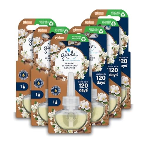 Image of Glade Plug in Air Freshener Refill, Electric Scented Oil Room Air Freshener, Sandalwood & Jasmine, Pack of 6 (6 x 20ml)