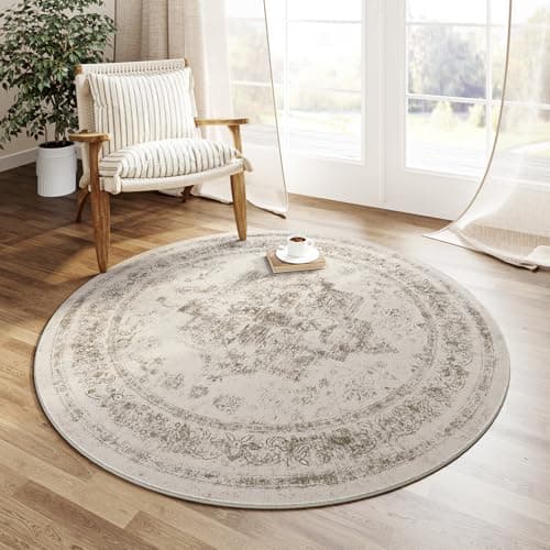 Image of HUGEAR Vintage Beige Round Rug 150cm Washable Non Slip Circle Area Rugs Living Room Bedroom Kitchen Hall Lounge Bedside Office Dining Room Indoor Carpet Low Pile Circular Carpets