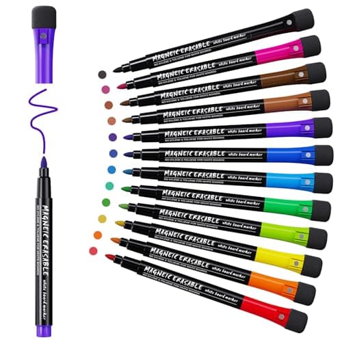Image of Whiteboard Pens Whiteboard Markers: 12 Magnetic Whiteboard Pens and Eraser set, Fine Tip White Board Pens Colour White Board Markers Erasable,Dry Wipe Markers Thin Whiteboard Pen Kids Dry Erase Marker