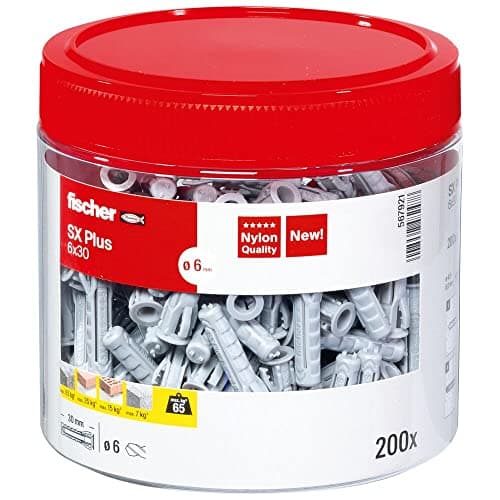 Image of fischer 567921 SX Plus Expansion Wall Plug, 6mm x 30mm, Tin of 200 Plugs