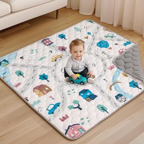 Image of COMOMY Baby Play Mats for Floor, 127x127 cm Foldable Washable Baby Playmat for Playpen, Quilted Soft Padded Crawling Mat, Anti-Slip Activity Mat for Babies Toddlers and Kids, Greyish-White