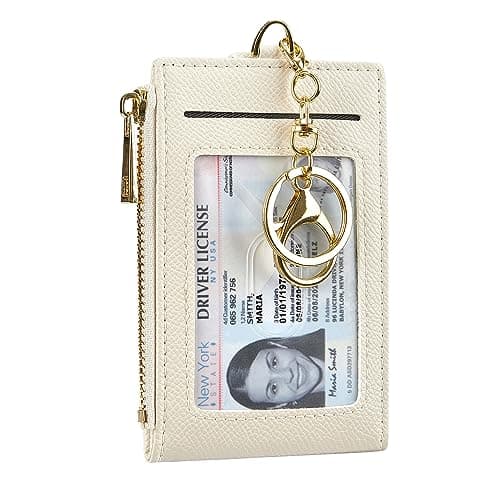 Image of Cynure Women & Men Leather RFID Blocking Card Holder Slim Small Zipper Keychain Front Pocket Wallet with 2 ID Window, Beige, One Size, Minimalist