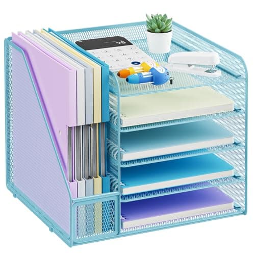 Image of Marbrasse Desk Organiser and Office Accessories,5-Tier Paper Letter Tray Organizer with File Holder,Mesh Desktop Organizer for Office Supplies & Desk Tidy Organiser(Blue)