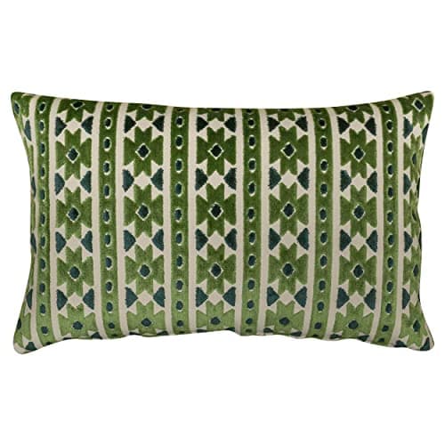 Image of Linen Loft Kashan Geometric Cut Velvet XL Rectangular Cushion Cover. Emerald Green and Natural Beige Triangular Geometric Pattern. 23x15 XL Rectangle, Cover Only