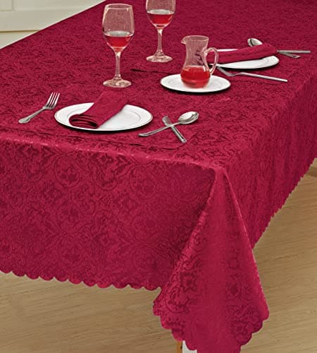 Image of Prime Linens Home Decorative Classic Damask Printed Jacquard Tablecloth Rectangle Round Runner Napkin Table Cover Cloth Protector for Kitchen Picnic (Red, Rectangle 52" x 70")