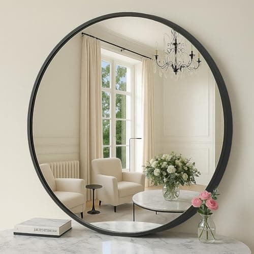 Image of SONGMICS Round Mirror, 61 cm Bathroom Mirror for Wall, Metal Frame,Modern Wall Mirror for Bathroom, Living Room, Bedroom, Entryway, Hallway, Ink Black LWM102BD03