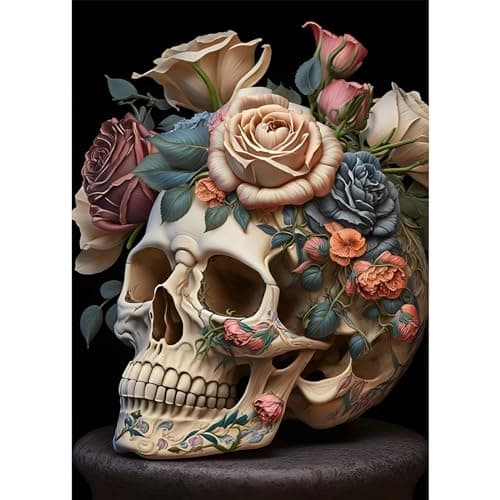 Image of EOBROMD Skull Diamond Painting, 5D Diamond Painting Kits for Adults, Full Round Drill Diamond Art Kits, Flowers Diamond Painting Crystal Rhinestone Craft for Halloween Decor 30x40cm