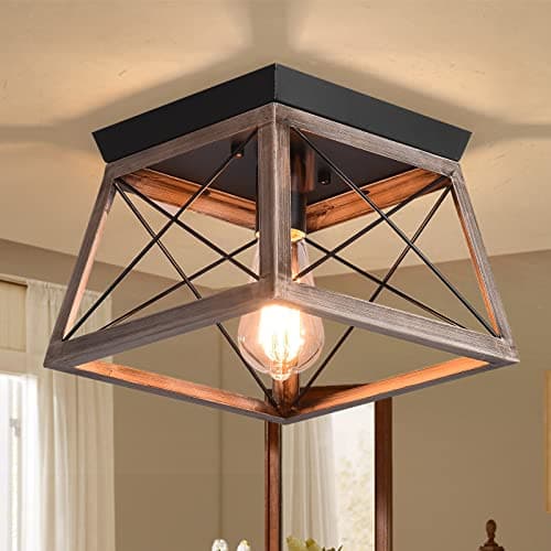 Image of Ganeed Industrial Flush Mount Ceiling Light Farmhouse Close to Ceiling Light Mini Ceiling Lamp Fixture Square Metal Cage for Kithcen Island Hallway Bedroom Entryway E27 Bronze 1 Light