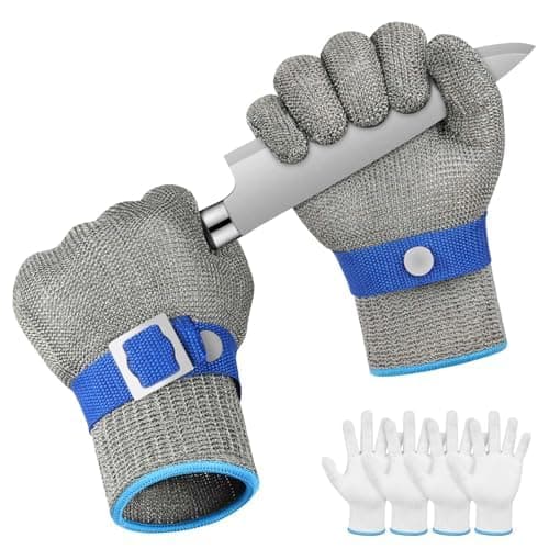 Image of flintronic 2 Cut Resistant Gloves, Level 9 Protection Stainless Steel Mesh Cut Proof Gloves, Safety Work Gloves with 4 Cotton Gloves, for Kitchen Butcher, Wood Whittling, Oyster Shucking(M)