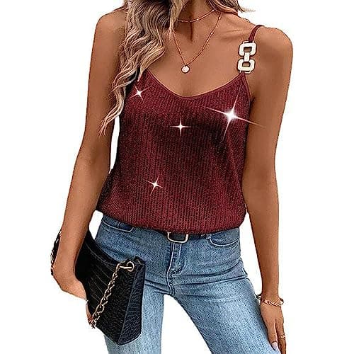 Image of FeMereina Womens Sequin Top V Neck Strappy Sparkle Camisole Glitter Sleeveless Tanks Tops Chain Strap Shimmer Cami Party Vest (Wine Red, M)