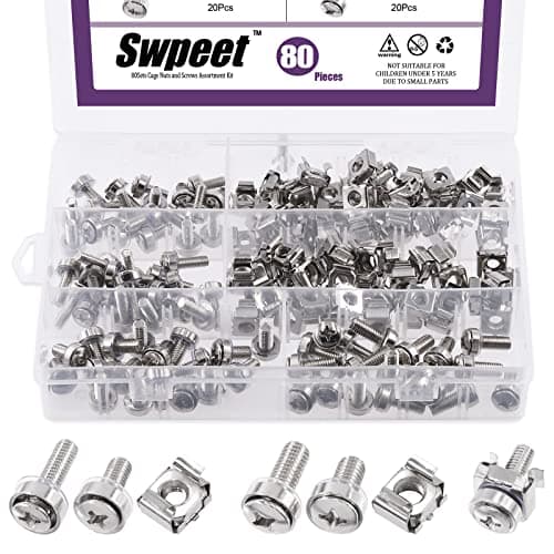 Image of Swpeet 80Packs 4 Sizes M5 M6 Silver Computer Mount Cage Nuts and Screws with Metal & Plastic Washers Assortment Kit, Square Hole Hardware Cage Nuts & Mounting Screws Washers for Rack