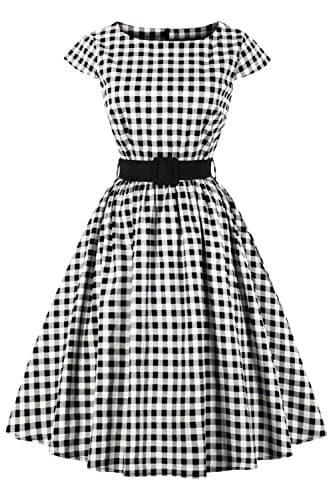 Image of AXOE Women 50s Dresses Rockabilly Vintage Inpired Belted Cotton White Black Plaid, UK Size 14, L