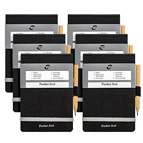 Image of Pukka Pad, A7 Pocket Book and Pencil – Pack of 6 Head-Bound Notepads with Elasticated Closures and Pencil Holders – 200 Pages of 60GSM Paper with 8mm Lines Per Pad – 86 x 129cm, Black