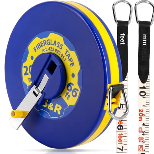 Image of S&R Tape Measure Open Reel Surveyors Fibreglass 20 m/ 66 Ft INCH and Metric, Twice Marked, Width 13 mm
