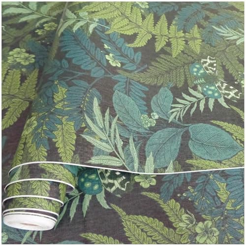 Image of Qenlup Green Leaf Wallpaper Self Adhesive Peel and Stick Wallpaper Floral Wall Covering Botanical Vinyl Wrap Vintage Contact Paper for Home Office Wall Furniture Renovation, 44.2 x 300cm