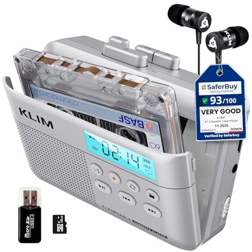 Image of KLIM K7 Cassette Tape Player - Cassette to MP3 Converter - Portable Cassette Player - Tape Recorder with Built-in Microphone & Speaker - Rechargeable Battery - Earphones - 16GB SD Card - Silver