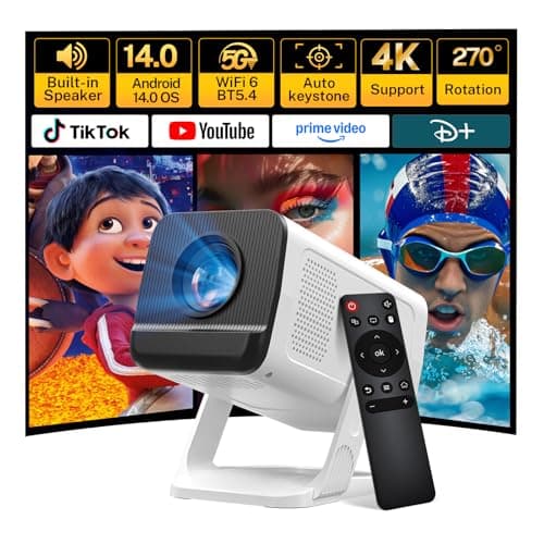 Image of Mini Projector for Bedroom Portable WiFi 6 and Bluetooth 5.4, Built-in Apps Android 14 OS 1080P Support Ceiling Home Theater Auto Keystone 270° Rotatable Indoor Outdoor VisualCube 300 White