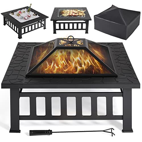 Image of Yaheetech Square Fire Pit, 86cm Outdoor Patio Heater Table for Barbecue, Heating, Cooling Drinks w/Cover & Poker, Wood & Charcoal Burning, Black