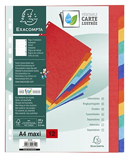 Image of Exacompta - Ref 2612E - Nature Future Dividers - Suitable for A4+ Documents, Pre-Punched, 400gsm Genuine Pressboard, 12-Part Dividers, FSC-Certified - Multi-Coloured