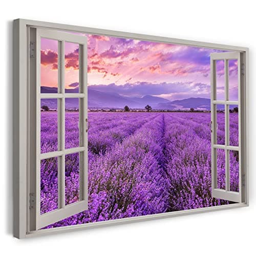 Image of Print on Canvas (120x80 cm) View from the window - Sunset Flowers Purple Field - Nature photography, real wood frame with hook