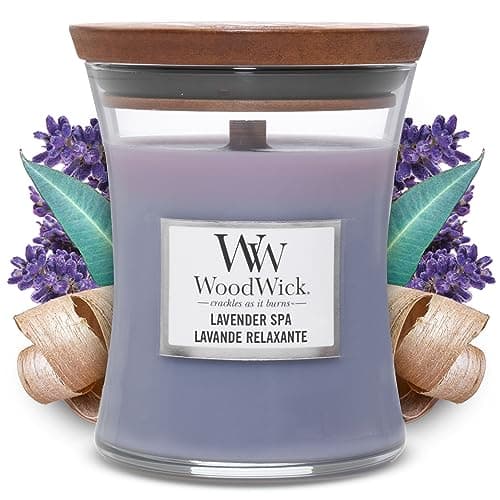 Image of WoodWick Medium Hourglass Scented Candle | Lavender Spa | with Crackling Wick | Burn Time: Up to 60 Hours