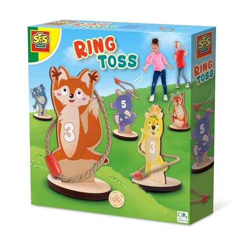 Image of SES Creative 02312 - Ring toss, wooden animals with rope rings, outdoor game set for children 3 years