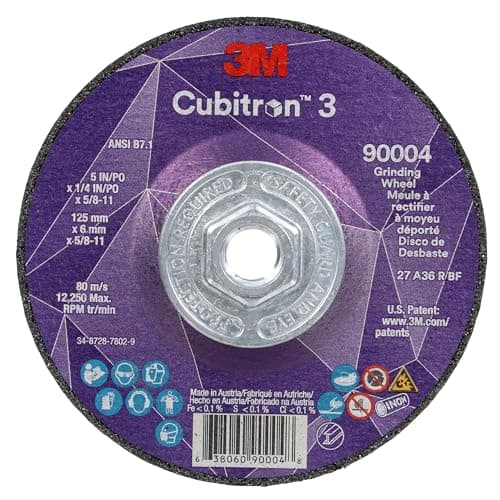 Image of 3M Cubitron 3 Depressed Center Grinding Wheel, 90004, 36+, T27, 5 in x 1/4 in x 5/8 in-11, Pack of 10, ANSI, Precision Shaped Grain, Beveling, Weld Grinding, Heavy Deburring, Slag Removal