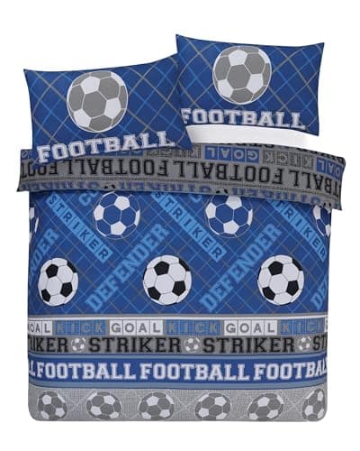 Image of Charlotte Andersen Grey Blue Football Double Duvet Cover Set Reversible Boys Bedding With Pillowcase s (BLUE/GREY DUVET COVER SET, Double)