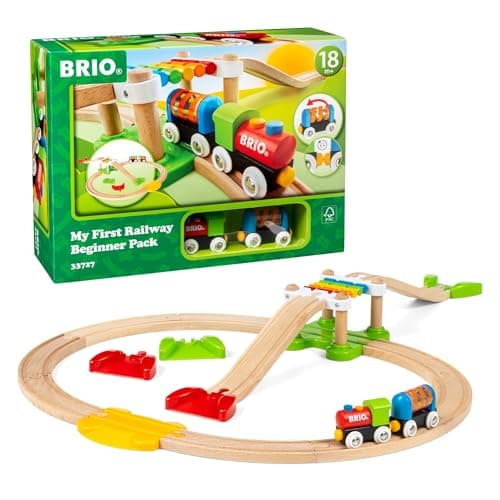 Image of BRIO My First Railway 33727 Beginner Pack Wooden Train Set with Track – Push-Along Train & Rattle Wagon, Toddler Preschool Toy Gift for Boys & Girls, 18 Months and Up