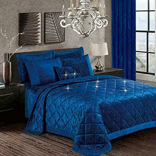 Image of 3-Piece Royal Blue Quilted Crushed Velvet Bedspread Super King 275 x 250 cm - Hotel Quality Soft Plush Bed Throw for Bedroom - Santiago Embossed Diamond Bedding with 2 Pillow Shams